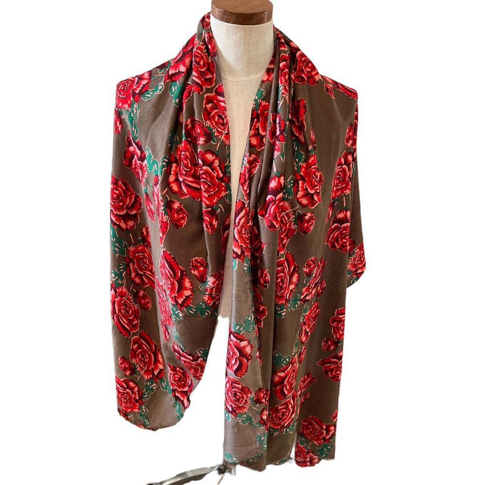 Victorian Trading Co Large Floral Print Romantic Scarf Mocha Brown Red